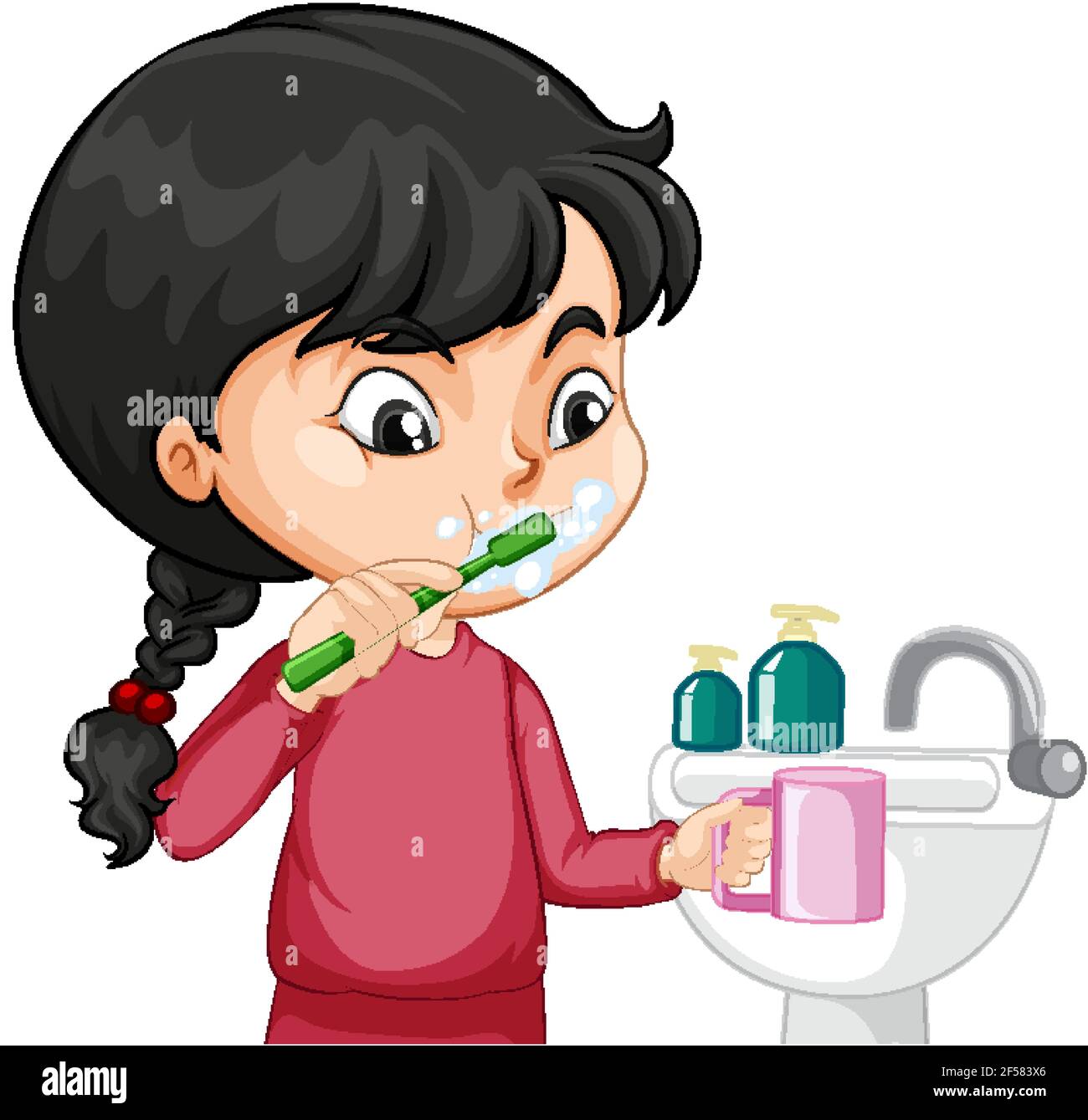 Ein Mädchen Cartoon Figur Zähneputzen mit Waschbecken Illustration Stock Vektor