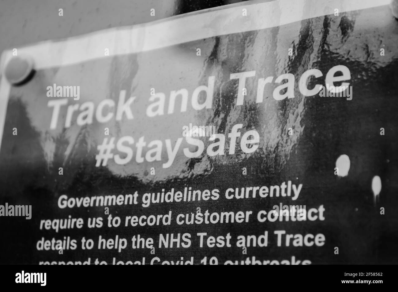 FULHAM, LONDON, ENGLAND- 17. Februar 2021: Track and Trace #StaySafe Poster in einem Schaufenster Stockfoto