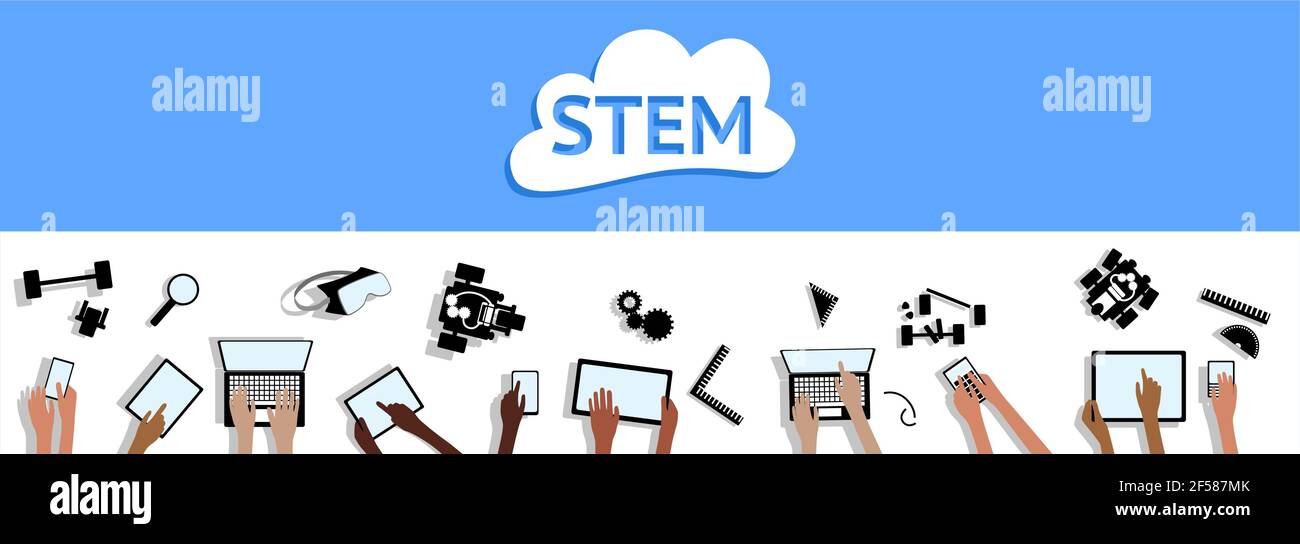 STEM Banner Wissenschaft Technologie Technik Mathematik Geräte Tablets Cloud und Hands Draufsicht gruppiert und geschichtet Stock Vektor