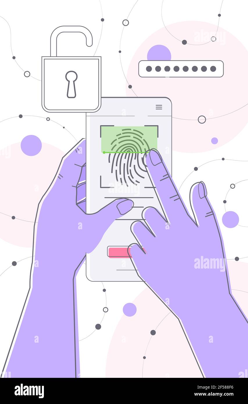 Der Benutzer berührt den Fingerabdruckscanner mit der persönlichen id des Smartphone-Bildschirms Zugriff auf biometrische Identifikation Stock Vektor