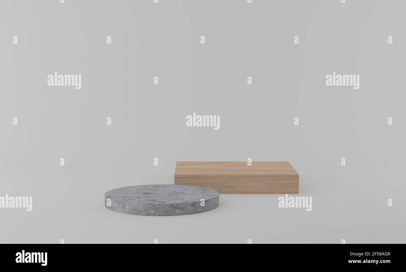 Abstrakte minimale Szene Plattform. Geometrische Form Holz Podium mit Zement Sockel auf weißem Hintergrund. 3D Rendern Stockfoto