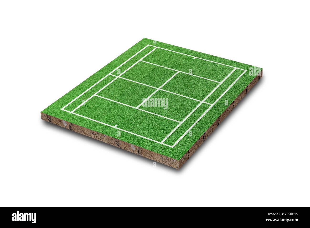 Tennisplatz isoliert auf weißem Hintergrund. Grünes Gras realistisch. 3D Rendern Stockfoto