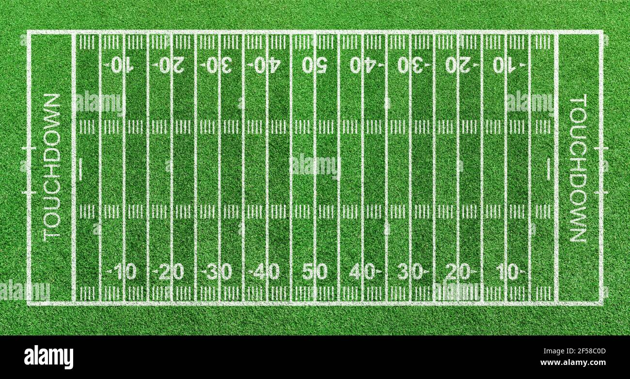 American Football Field, gestreiftes Gras mit weißen Musterlinien. Draufsicht Stockfoto