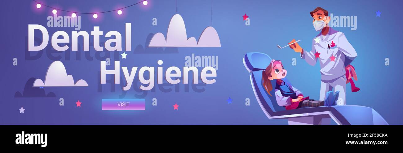 Zahnärztliche Hygiene Banner mit Arzt und Mädchen Patientin Stock Vektor