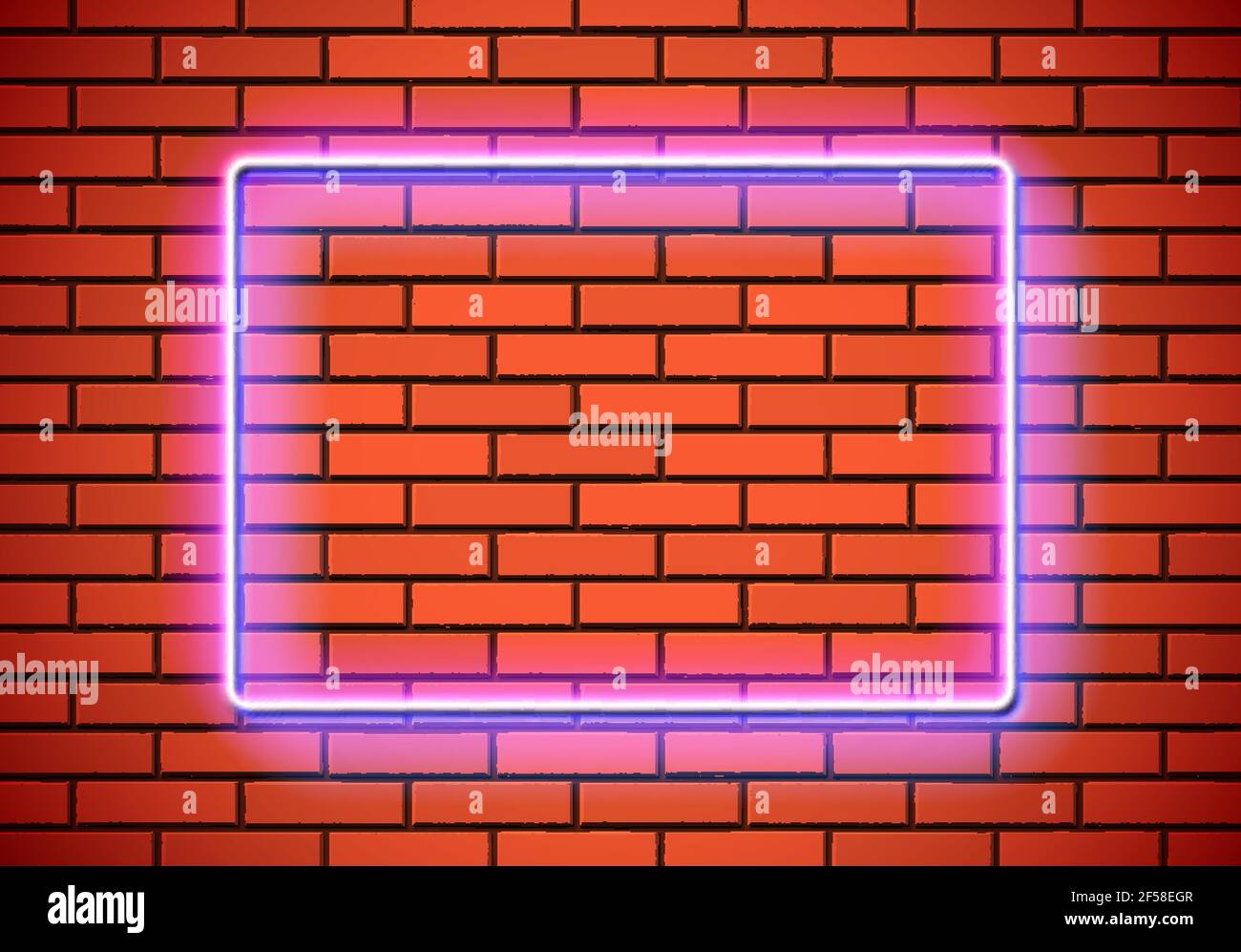 Neonrahmen mit quadratischer Form an der roten Ziegelwand. Klassisches rechteckiges 80s gestyltes glänzendes Leuchtreklame. Stock Vektor