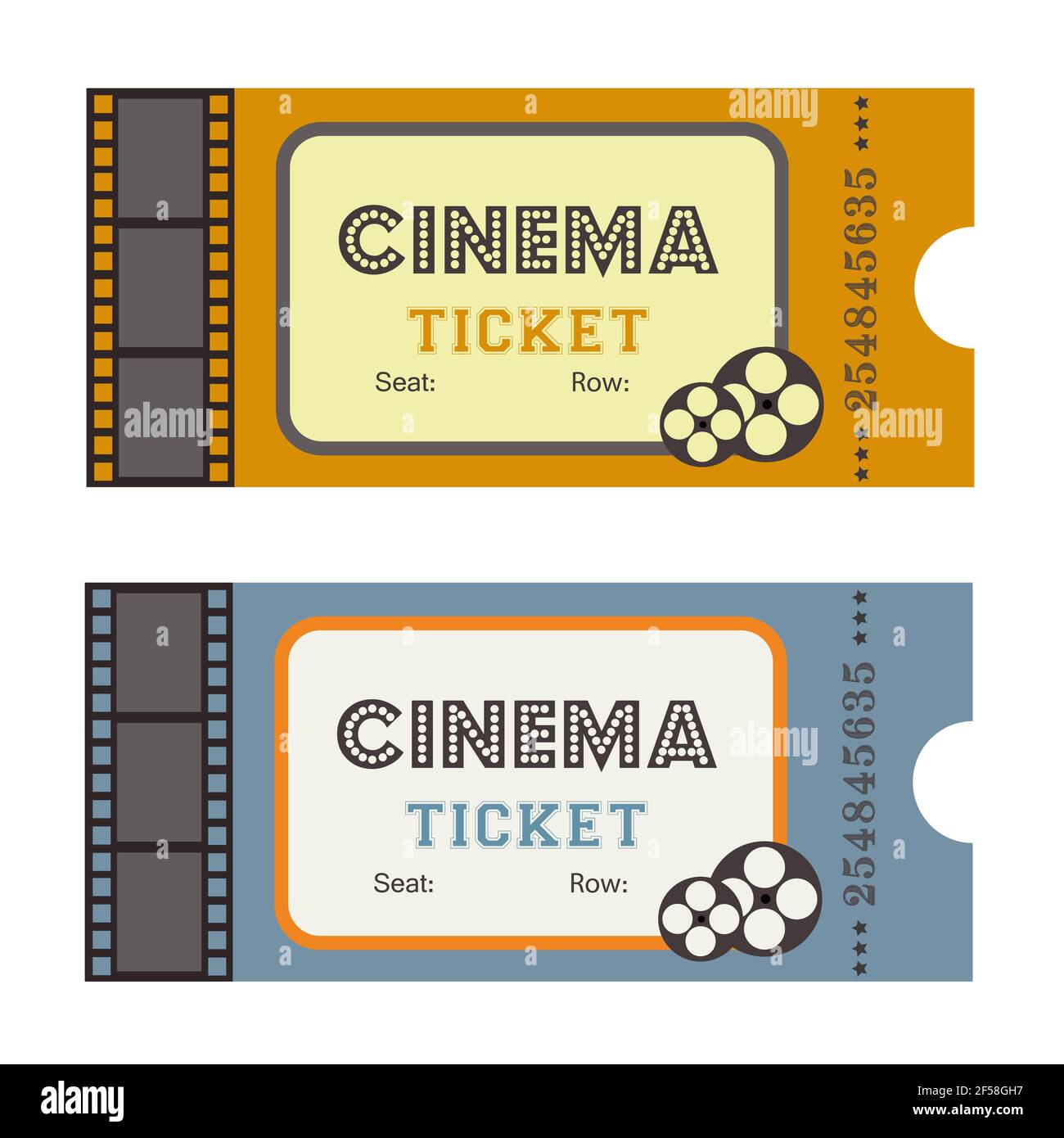 Vintage Kino oder Film Ticket Vorlage blau und gelb. Retro-Design. Stockfoto