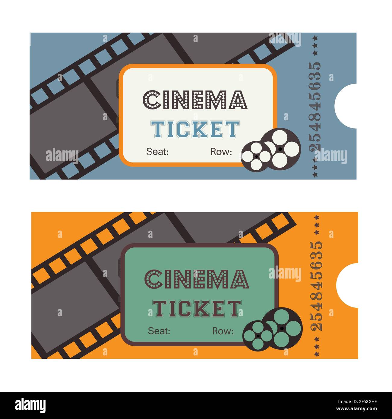 Vintage Kino Ticket Vorlage blau und gelb. Retro-Design. Stockfoto