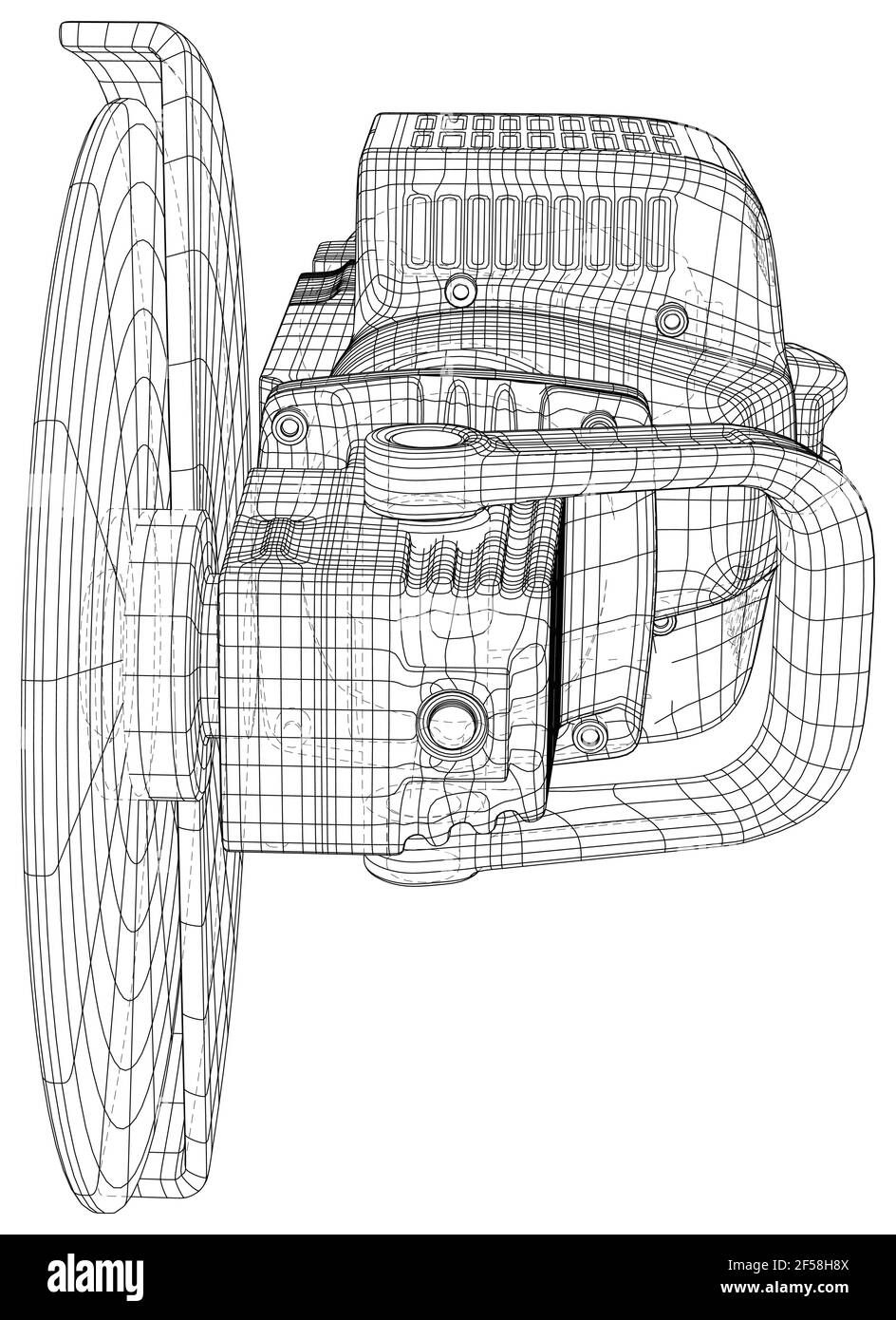 Benzin-Winkelschleifmaschine. Professionelles Winkelschleifer-Instrument, Arbeitswerkzeug. Technische Illustration Drahtgestell. Vektorrendering von 3D Stock Vektor