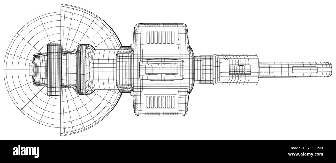 Großer, leistungsstarker Winkelschleifer mit Schleifscheibe. Vektor erstellt von 3D, Wire-Frame Stock Vektor