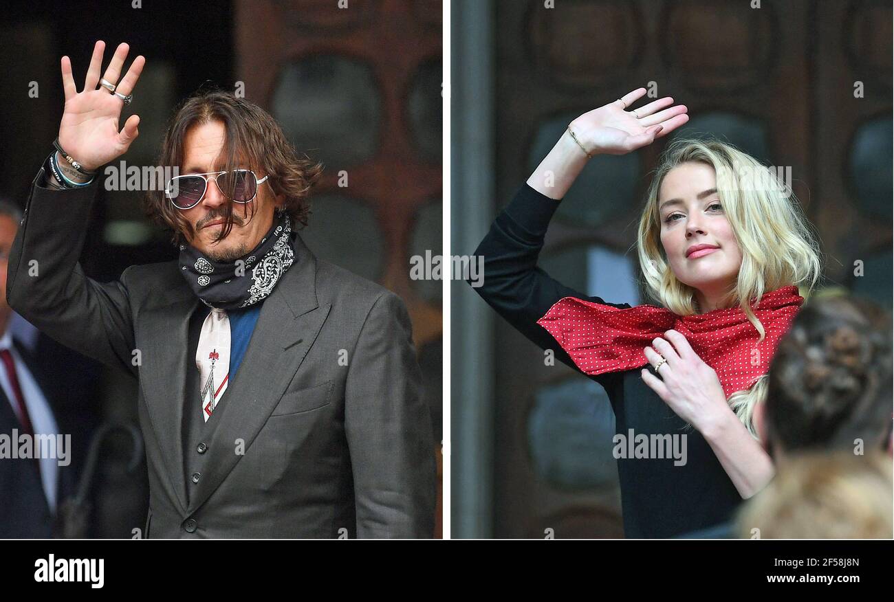 Datei Foto vom 08/07/20 von einem Composite von Schauspieler Johnny Depp und Schauspielerin Amber gehört am High Court in London für eine Anhörung in seinem Verleumdungsverfahren gegen die Herausgeber der Sun und deren Executive Editor, Dan Wootton. Depp ist dabei, herauszufinden, ob er gegen ein vernichtendes Urteil des High Court Berufung einlegen kann, dass er die Ex-Frau angegriffen und sie in "Angst um ihr Leben" gelassen hat. Ausgabedatum: Donnerstag, 25. März 2021. Stockfoto