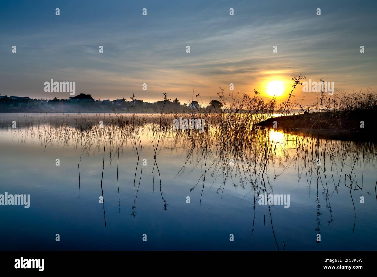 Morgendämmerung auf dem Meer von Teeseen in der Provinz Gia Lai, Vietnam Stockfoto