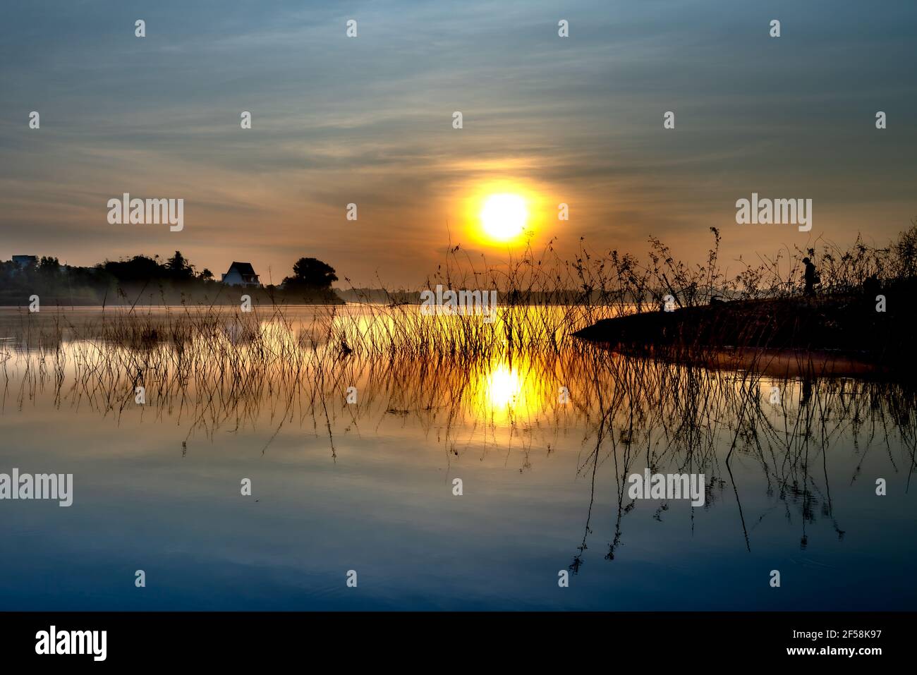 Morgendämmerung auf dem Meer von Teeseen in der Provinz Gia Lai, Vietnam Stockfoto