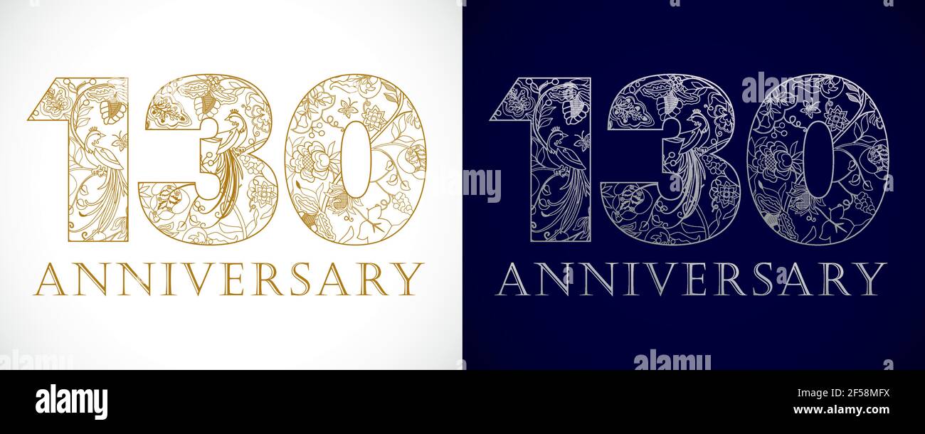130 Jahre alter Luxus feiert Zahlen. Vorlage golden, silberfarbig Happy Anniversary Dekoration Grüße Set von 1st, 3rd Platz, eins, drei, 0 Stock Vektor