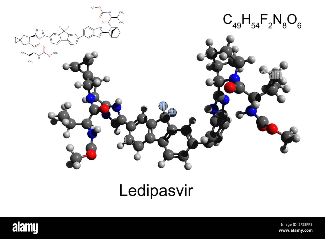 Chemische Formel, Strukturformel und 3D Ball-and-Stick-Modell von Ledipasvir, ein Medikament zur Behandlung von Hepatitis C, weißer Hintergrund Stockfoto