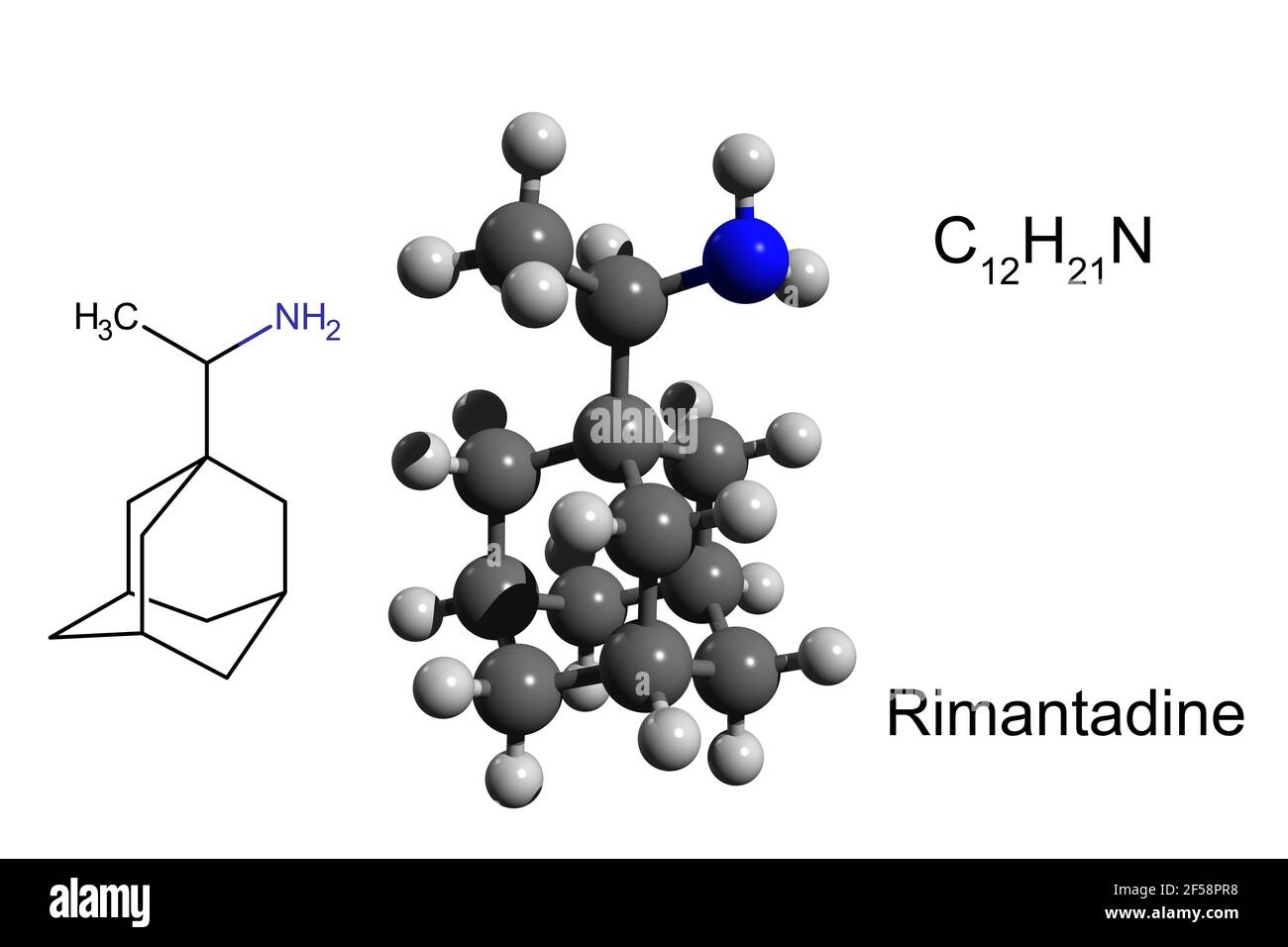 Chemische Formel, Strukturformel und 3D Ball-and-Stick-Modell von Rimantadin, einem oral verabreichten antiviralen Medikament zur Behandlung von Influenza-Virus A Stockfoto
