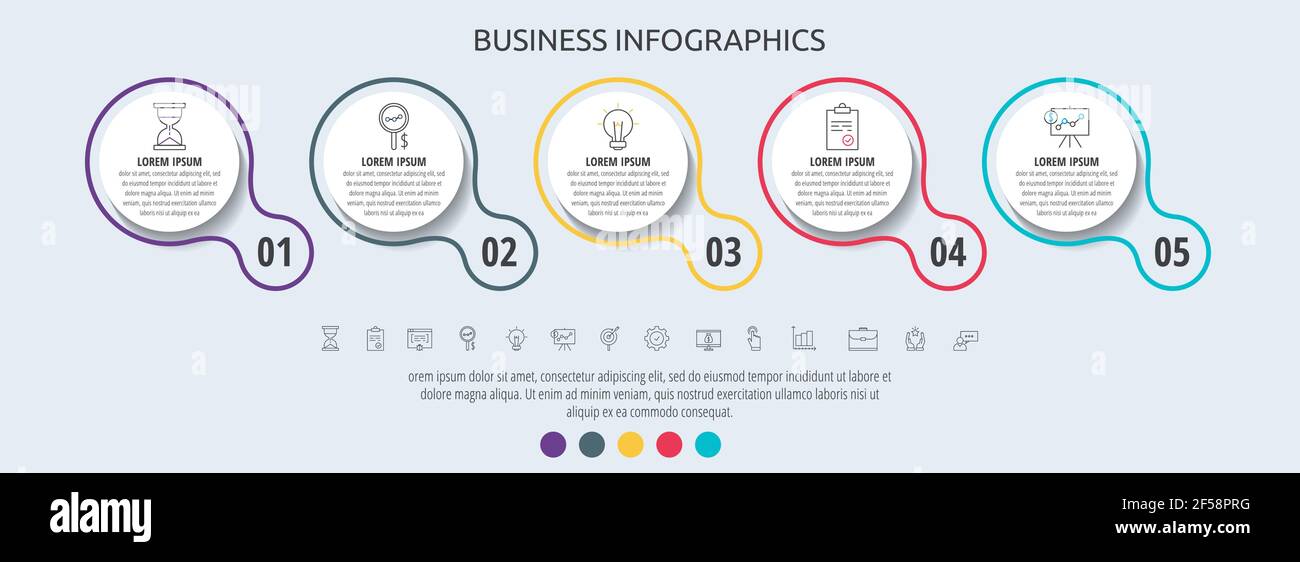 Kreise Vektor-Infografik mit 5 Schritt, Symbole. Zeitachse für Diagramm, Diagramm, Web, Banner, Workflow-Layout, Präsentationen, Flussdiagramm, Prozesse Stock Vektor