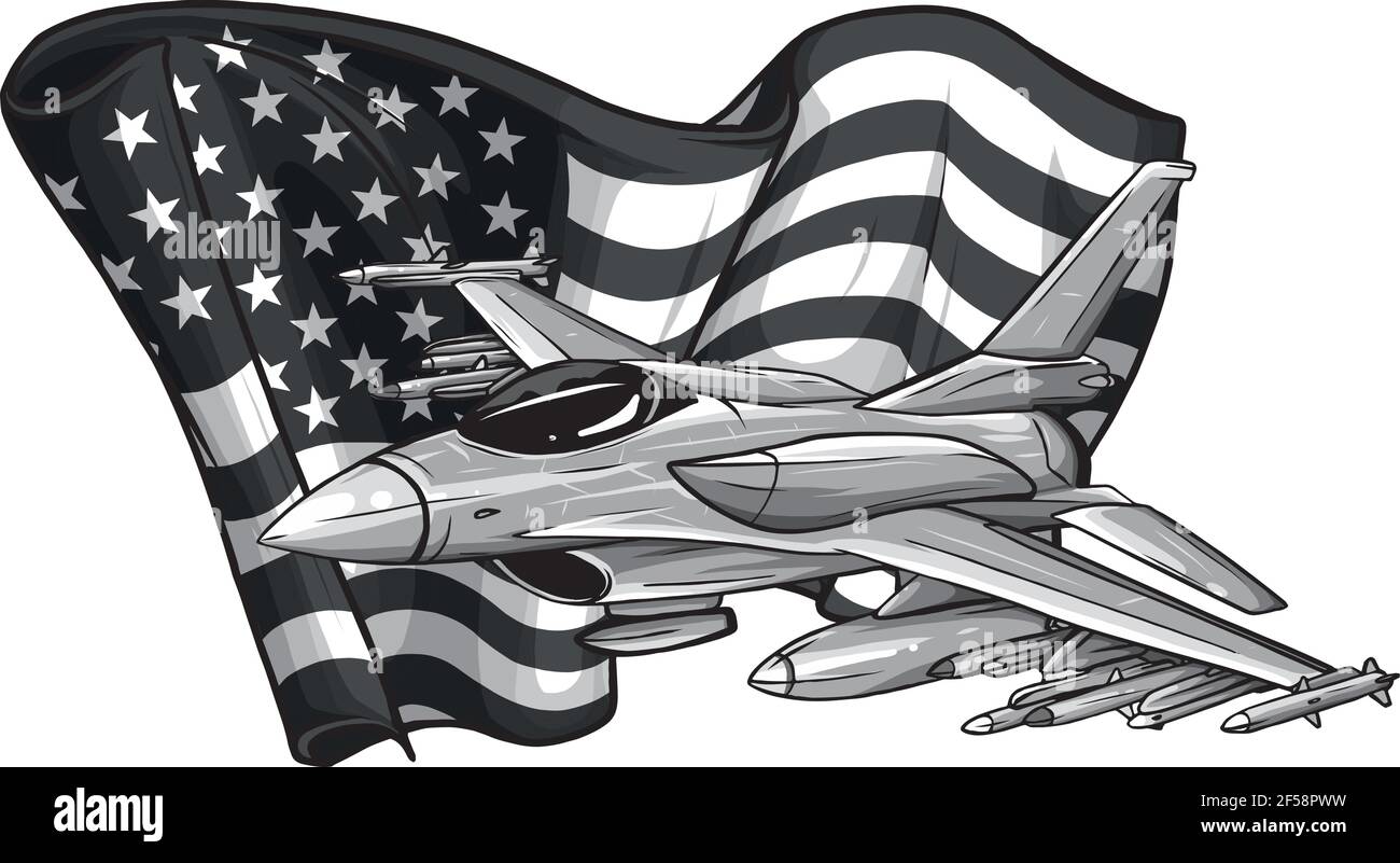 Design von militärischen Kampfjets mit amerikanischer Flagge. Vektorgrafik Stock Vektor