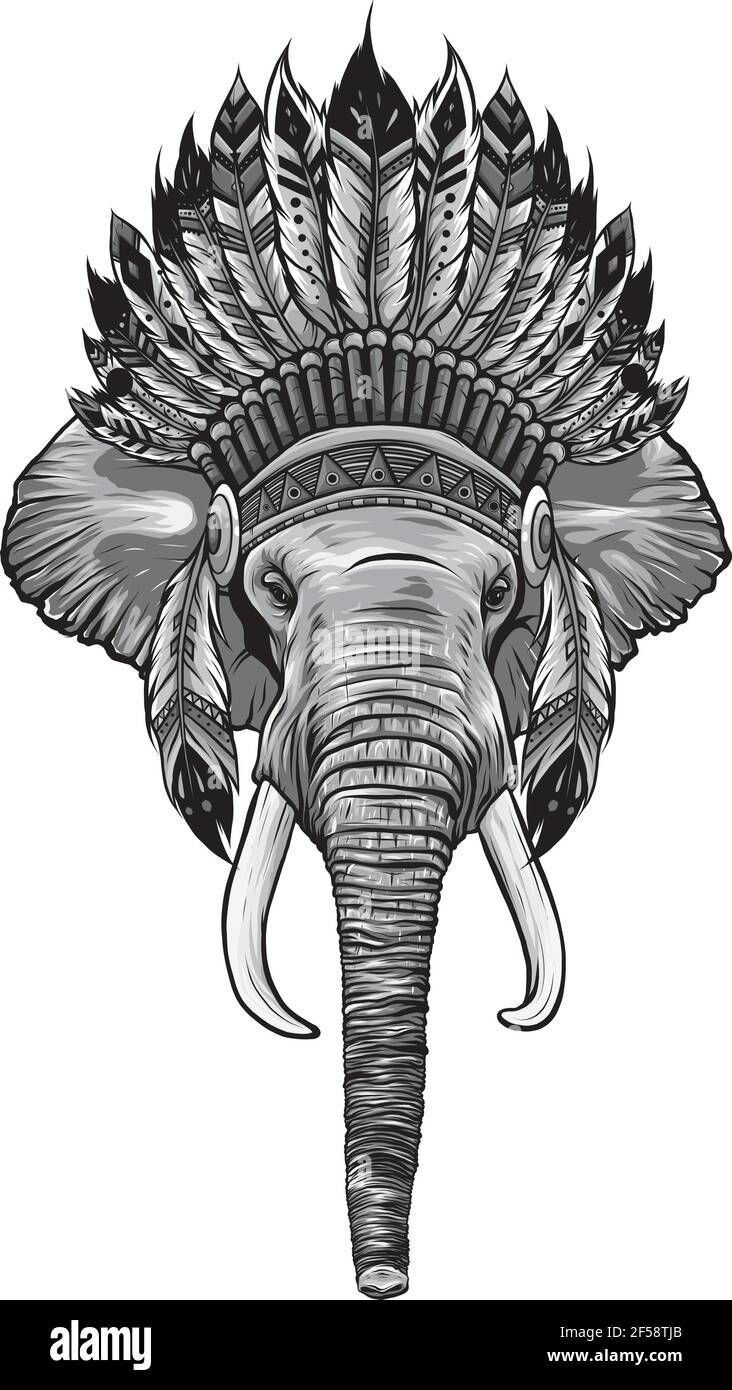 Design von Elefantenkopf mit american indian Chief Kopfschmuck. Stock Vektor