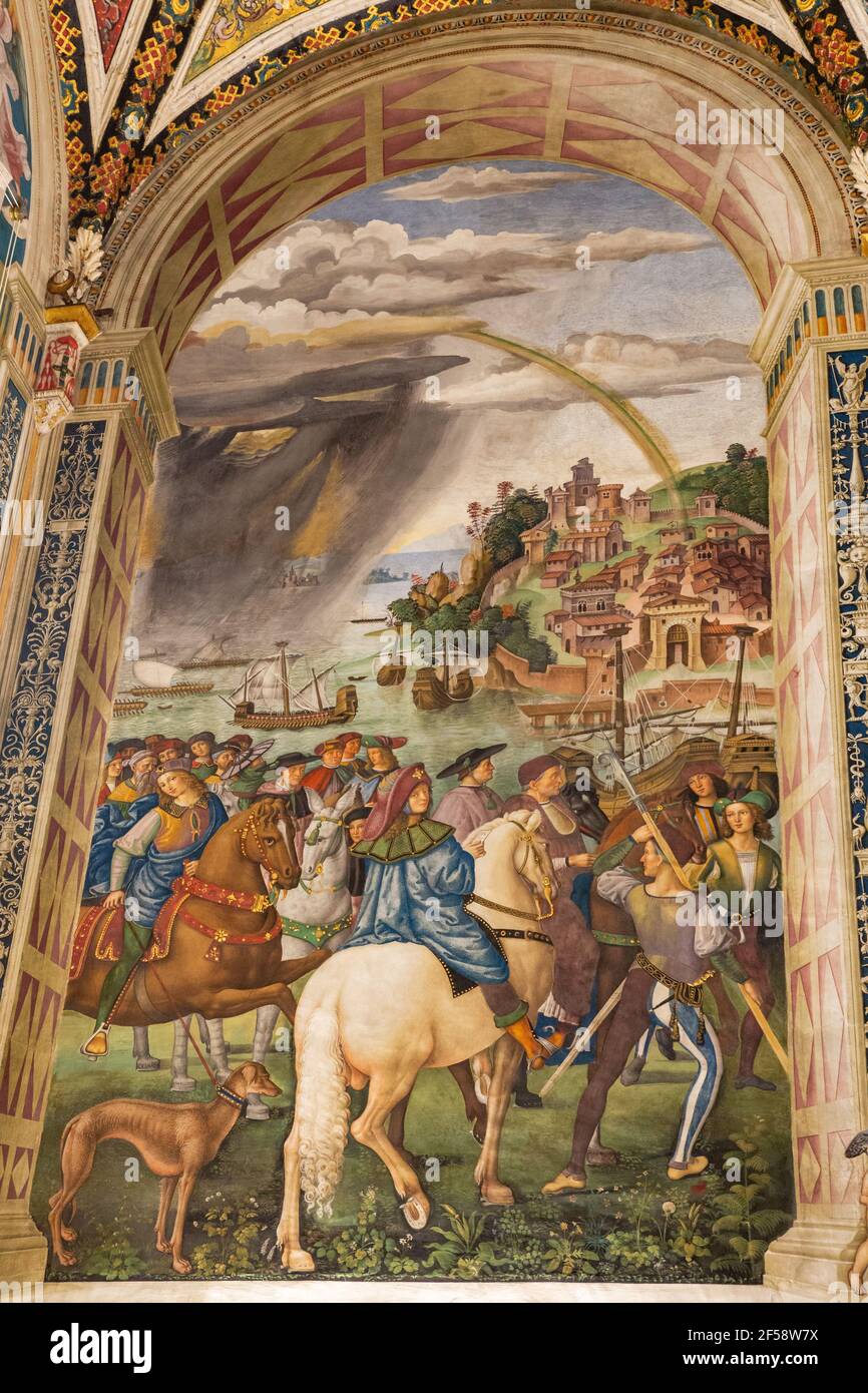 Fresken von Bernardino Pinturicchio in der Piccolomini-Bibliothek im Dom von Siena. Stockfoto