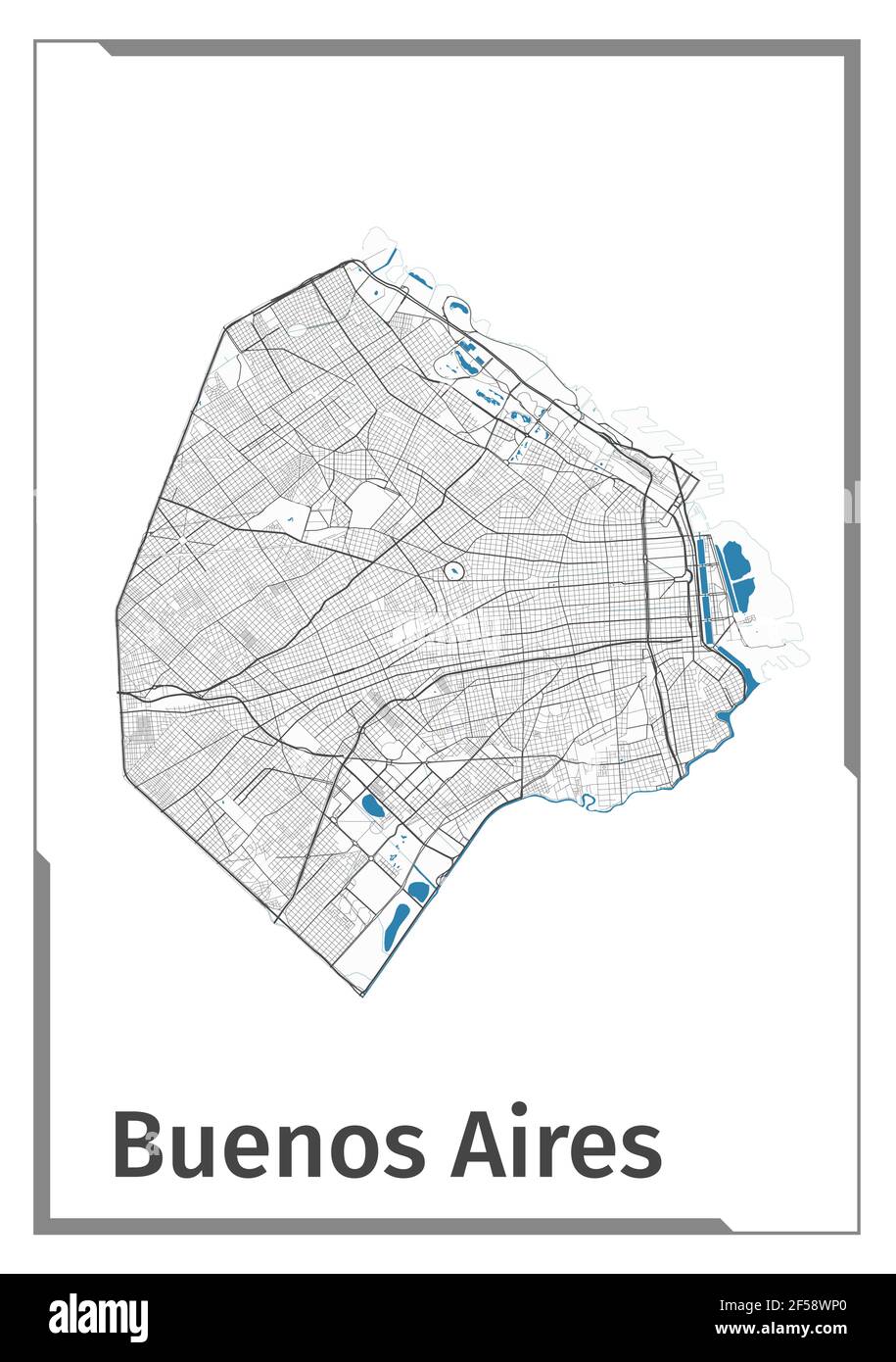 Buenos Aires Kartenplakat, administrative Grundriss Ansicht. Schwarz, weiß und blau detaillierte Design-Karte von Buenos Aires Stadt mit Flüssen und Straßen. Outlin Stock Vektor
