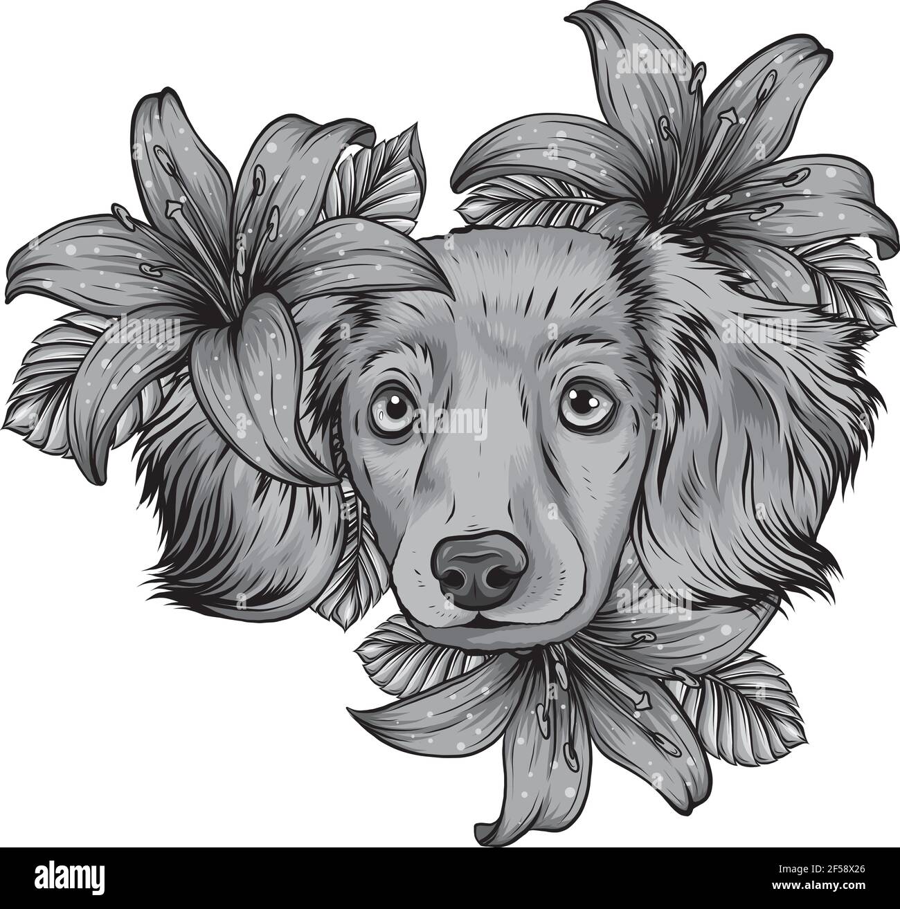 Design eines Spaniel Hundes in einem Blumenkränz. Vektorgrafik. Stock Vektor