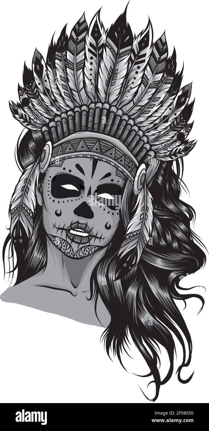 Design von schönen Mädchen in einem Kopfschmuck der nordamerikanischen Indianer. Stock Vektor