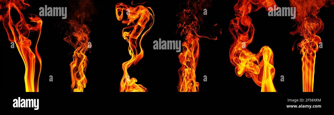 Setzen Sie die blinkende Flamme auf schwarzem Hintergrund isoliert Stockfoto
