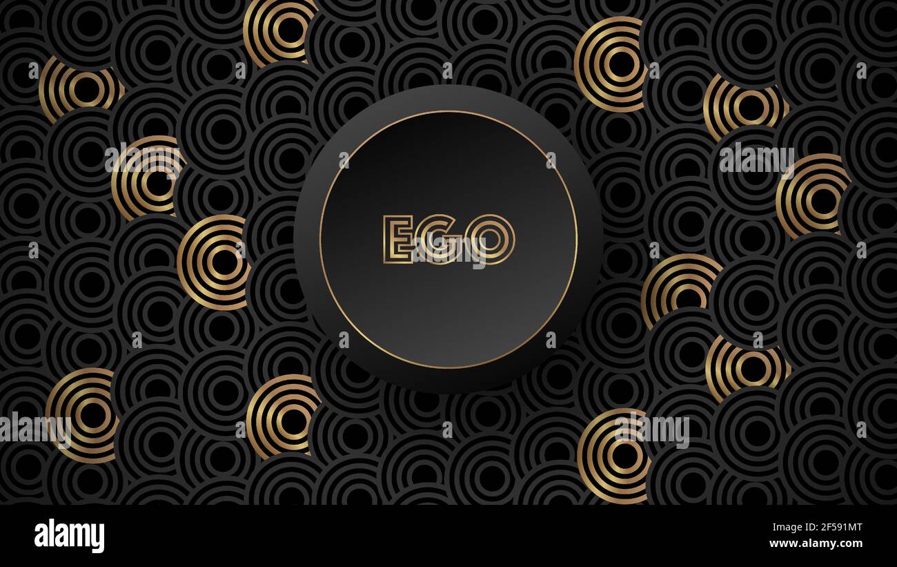 Abstrakter geometrischer Hintergrund mit goldenen und grauen Kreisen mit rundem Ego-Knopf. Stock Vektor