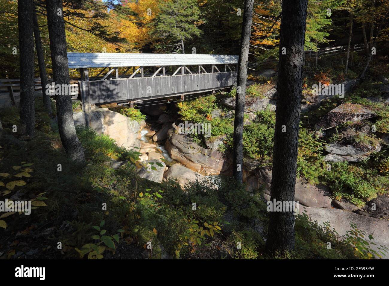 Geographie / Reisen, USA, New Hampshire, Franconia Notch State Park, Sentinel Pine Covered Bridge, Flum, zusätzliche-Rights-Clearance-Info-not-available Stockfoto