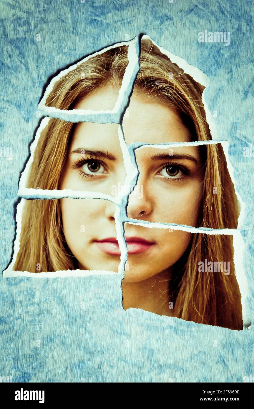 Fragmentierte Teenager Brünette Gesicht - kreative Porträt Stockfoto