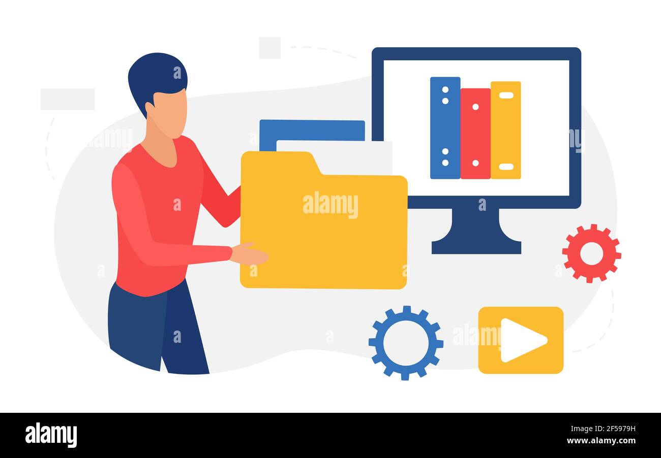 Digitale Bibliothek Web-Service online, Mann Student halten Datenordner, Medien-Datei-Archiv Stock Vektor