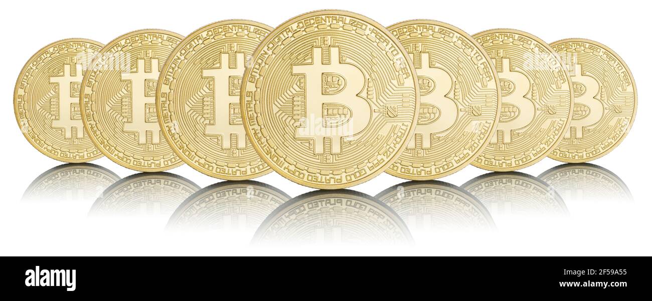 Bitcoin Krypto Währung online bezahlen digitales Geld Kryptowährung Geschäft Finanzen isoliert auf weiß in einer Reihe Bit-Münze Stockfoto