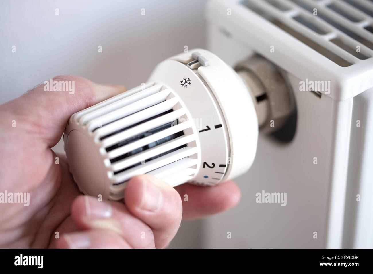 Nahaufnahme der Person, die den Thermostat am Heizkörper zum Frostschutz dreht Schutz Stockfoto