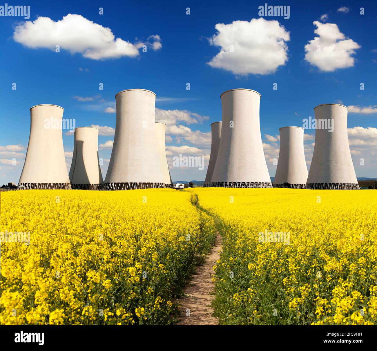Kernkraftwerk Jaslovske Bohunice Kühltürme mit goldenen blühenden Feld von Raps, Raps oder Colza, Slowakei, zwei Möglichkeiten für producti Stockfoto