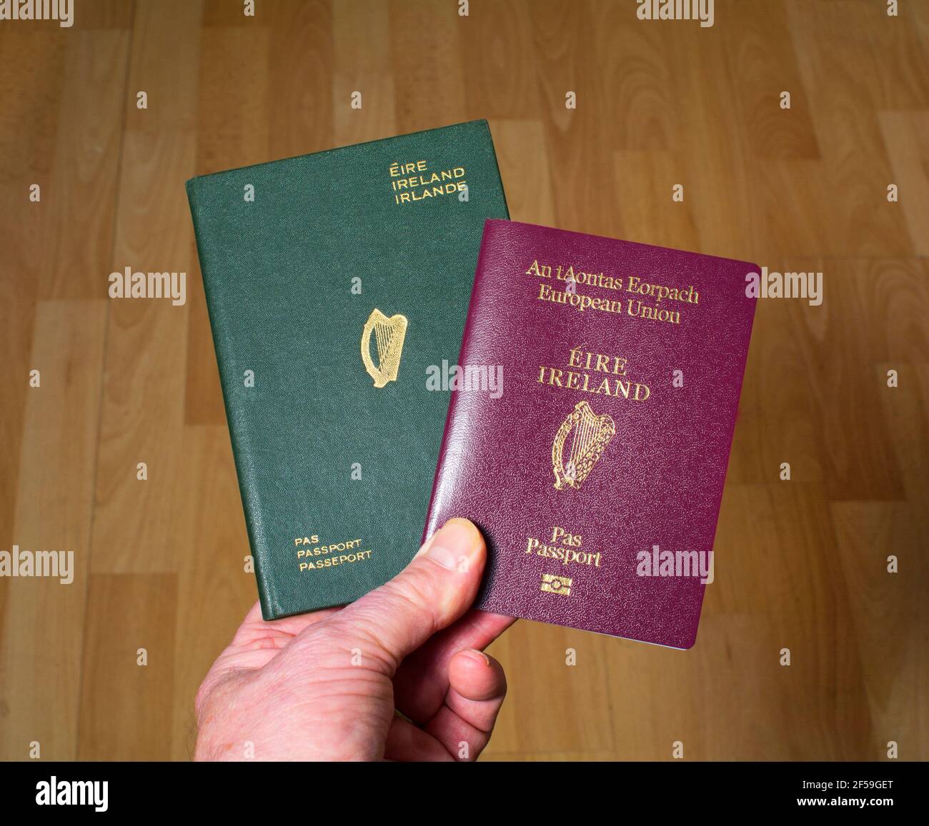 Aktueller irischer Reisepass in roter Farbe (Europäische Union) Neben einem alten grünen irischen Pass vor der EU Stockfoto