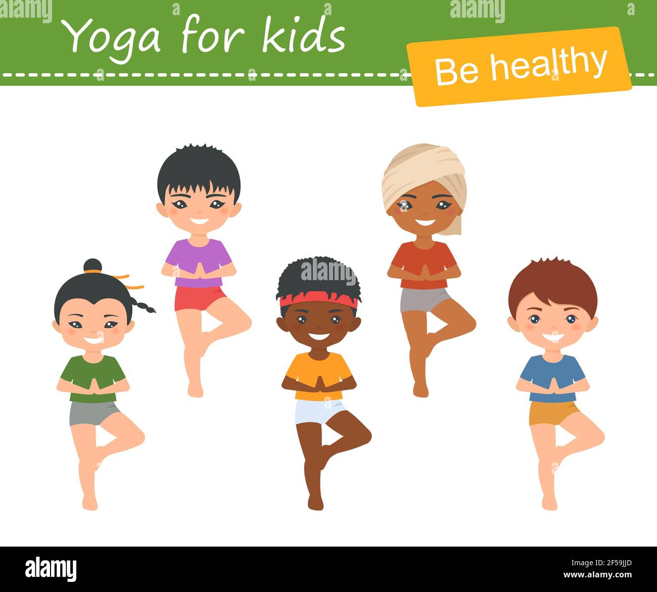 Yoga für Kinder.Set von niedlichen Chibi Jungen verschiedener Nationalitäten Yoga zu tun. Flacher Cartoon-Stil. Vektorgrafik Stockfoto
