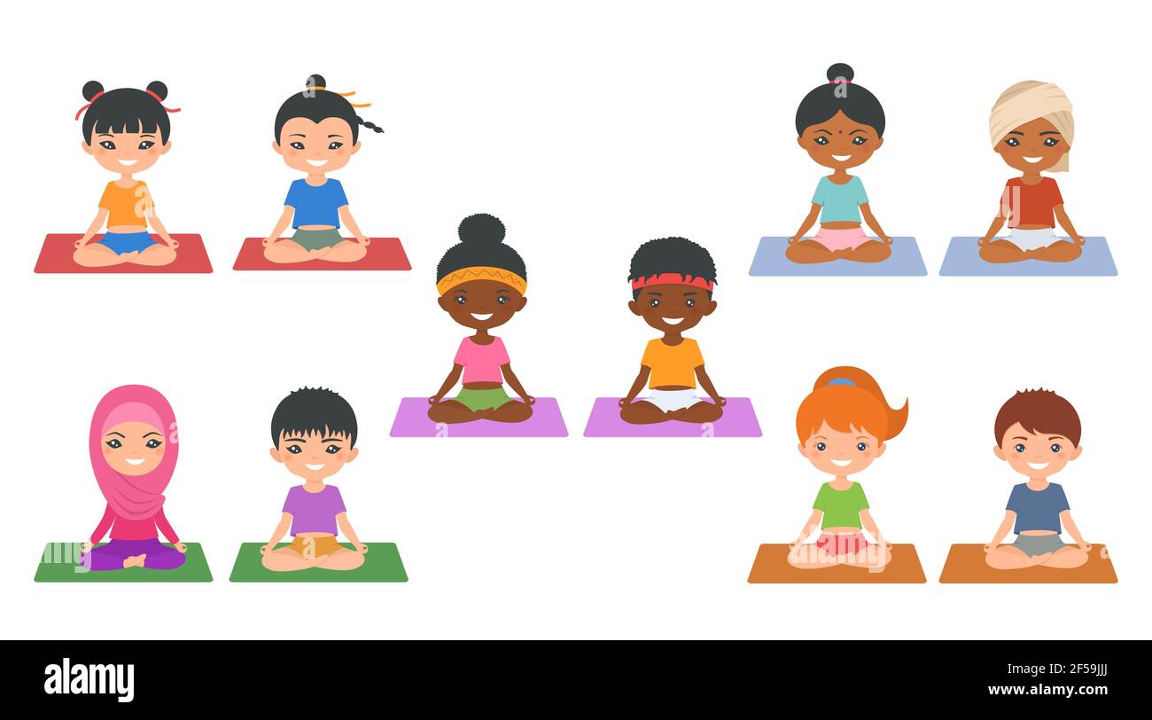 Yoga für Kinder.Set von niedlichen chibi Mädchen und Jungen aus verschiedenen Nationalitäten tun Yoga. Flacher Cartoon-Stil. Vektorgrafik Stockfoto