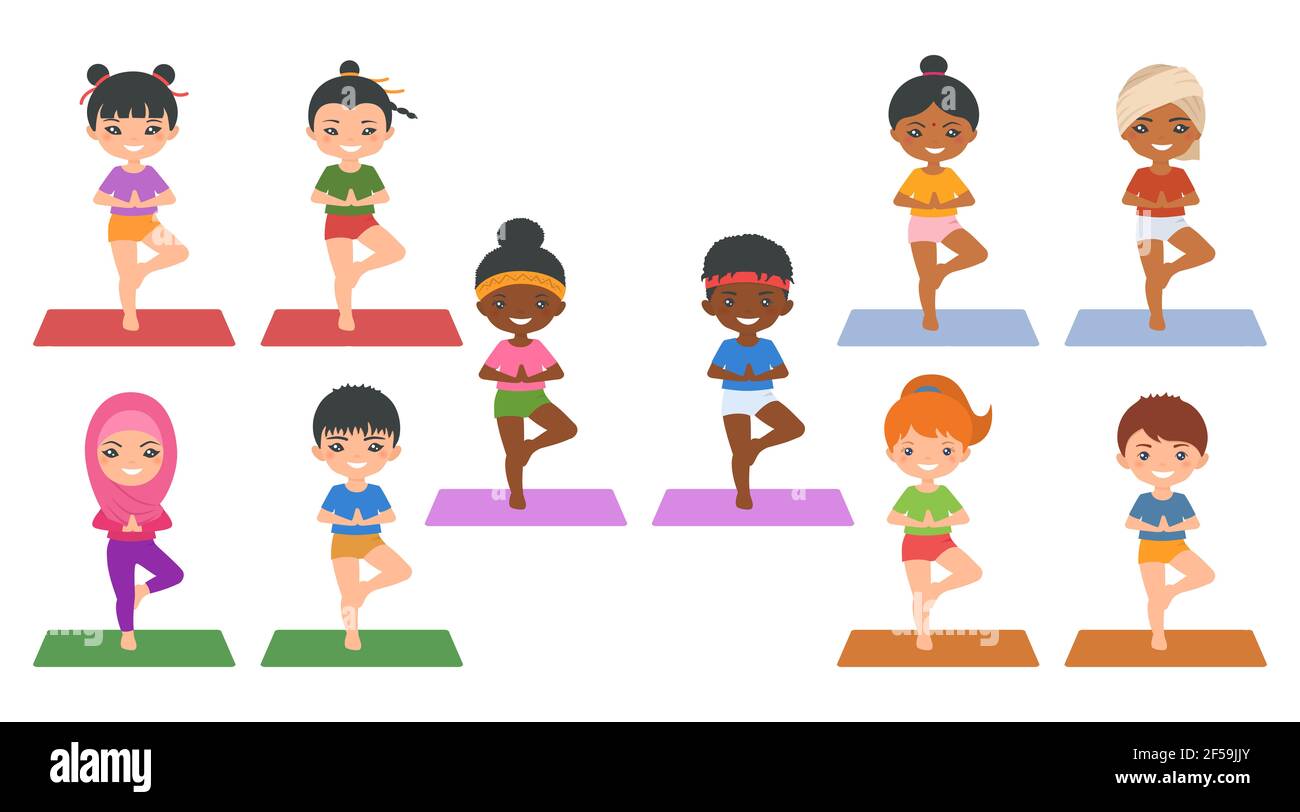 Yoga für Kinder.Set von niedlichen chibi Mädchen und Jungen aus verschiedenen Nationalitäten tun Yoga. Flacher Cartoon-Stil. Vektorgrafik Stockfoto
