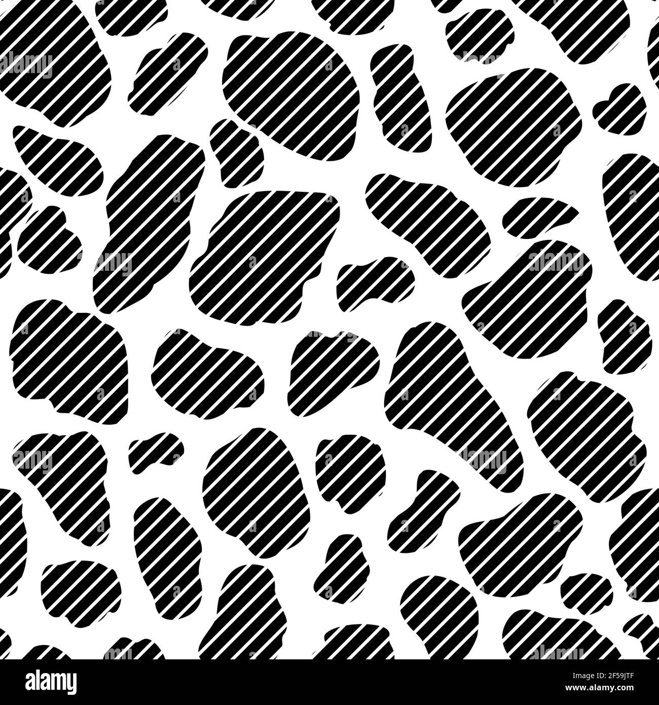 Vektor Kuh ausblenden Muster nahtlose Hintergrund. Schwarze unregelmäßige Flecken auf weißem Hintergrund. Abstraktes konzeptionelles Kühendesign mit stilisierter Diagonale Stock Vektor