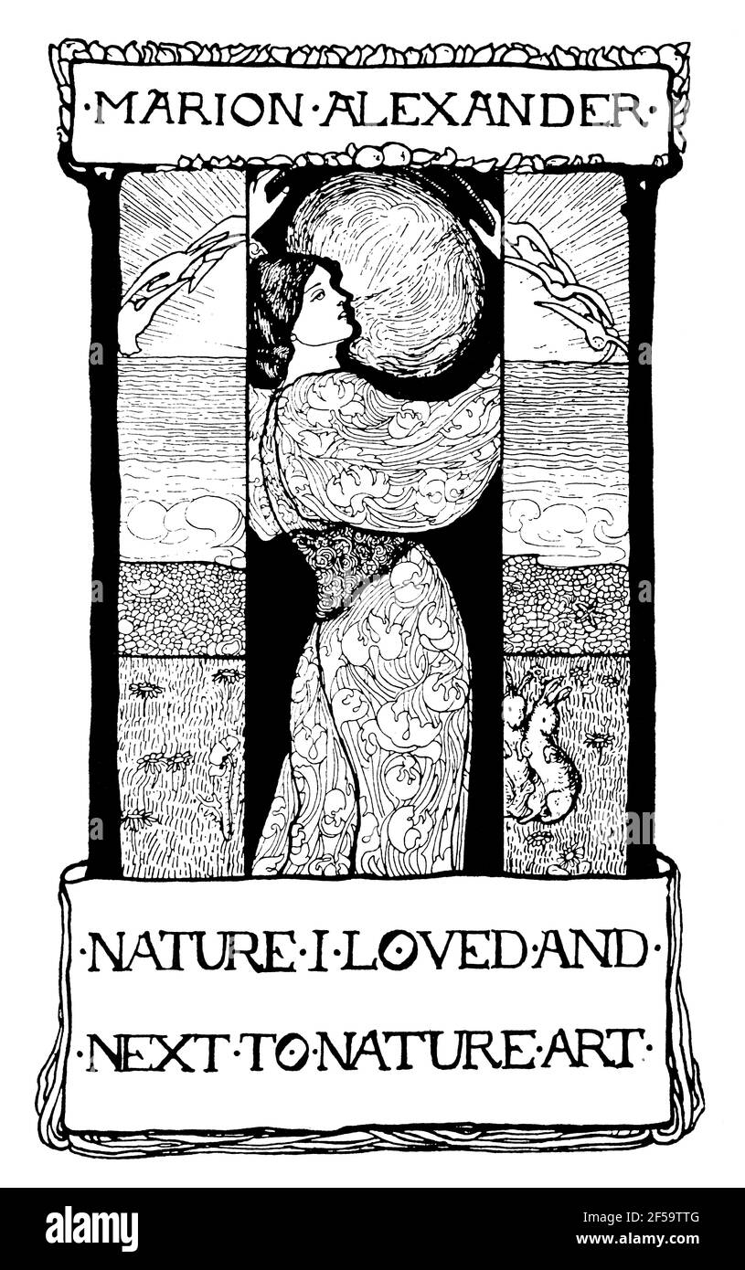 Natur, die ich liebte und neben Naturkunst, Walter Savage Landor Gedicht Zitate-Bookplate für Marion Alexander von Mabel Dearmer Stockfoto