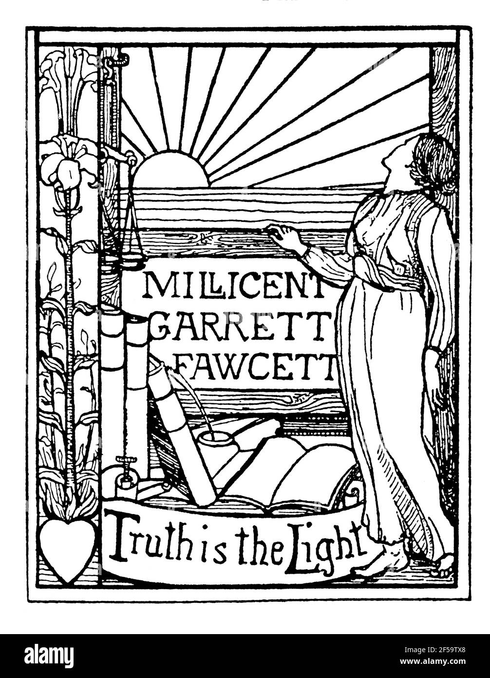 Truth is the Light Bookplate für Suffragette Millicent Garrett Fawcett, von englischer Schriftstellerin, Dramatikerin und Kinderbuchautorin/Illustratorin Mabel De Stockfoto