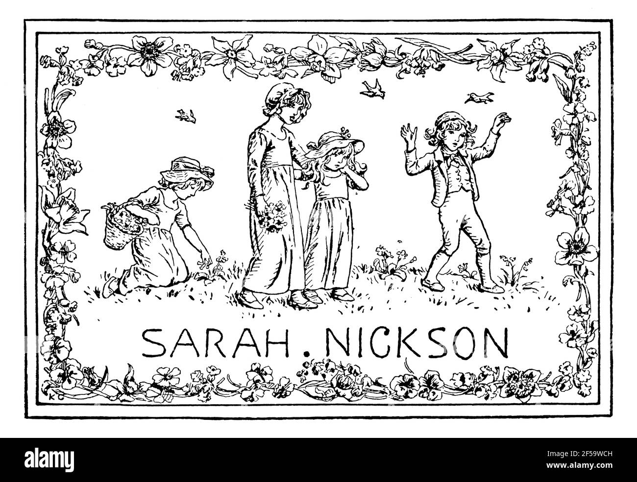 Unverkennbare Kinder spielen Illustration Exlibris für Sarah Nickson, von vhildren Buch Illustratorin Catherine (Kate) Greenaway Stockfoto