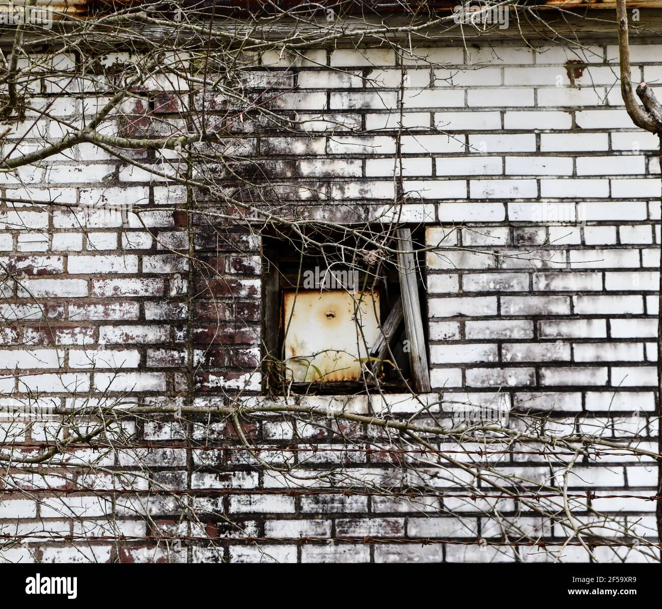 Zerbrochene und verlassene Backsteinlagergebäude mit Fenstern und Tür Stockfoto