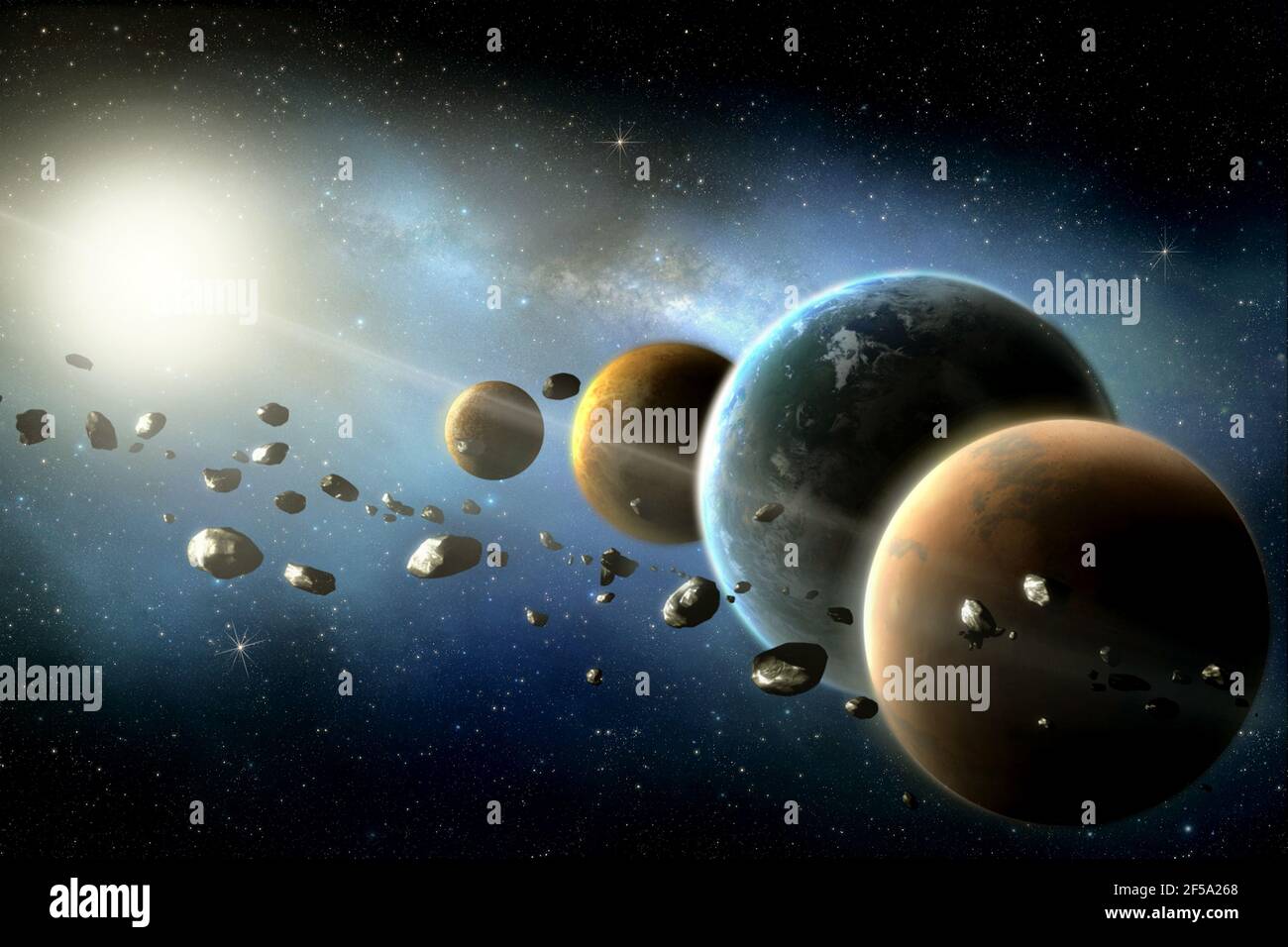 Planeten um die Sonne im Sonnensystem mit Asteroiden in den bunten Sternenuniversum Elemente dieses Bildes von NASA eingerichtet. Stockfoto
