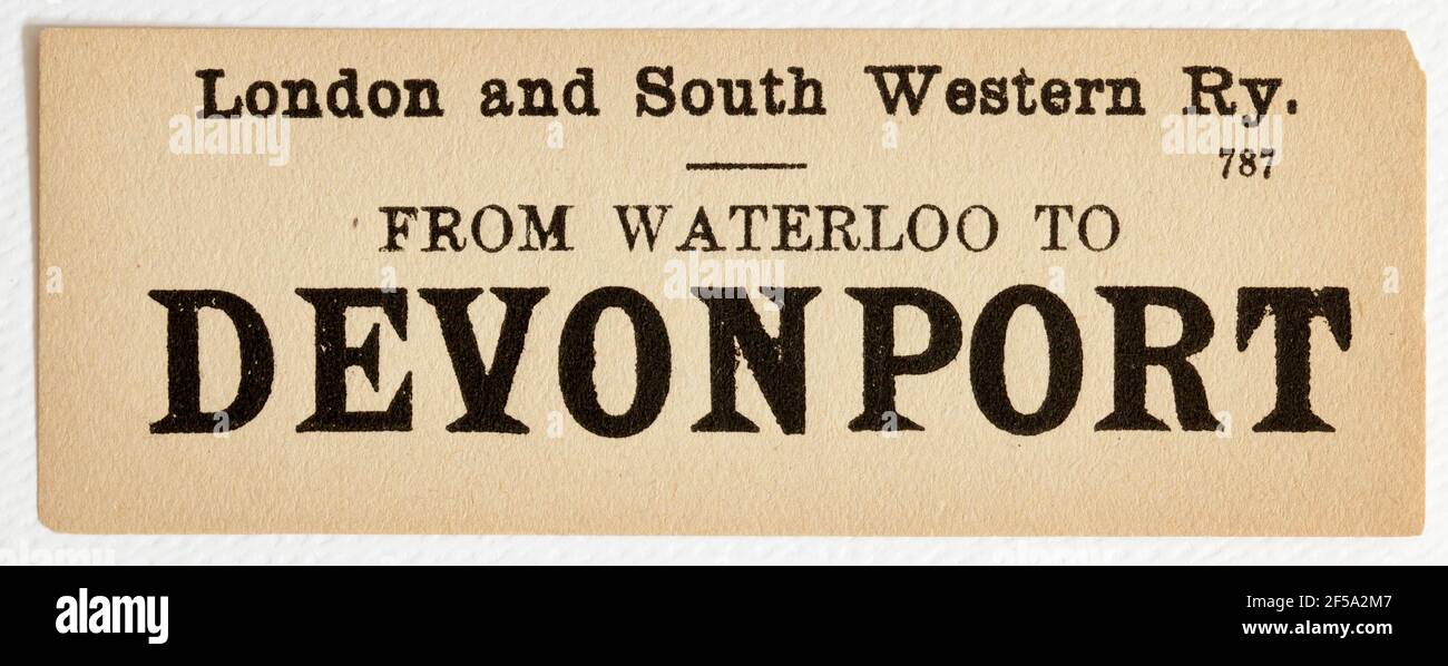 Vintage Midland & South Western Railway Train Label - Von London Waterloo nach Devonport Stockfoto