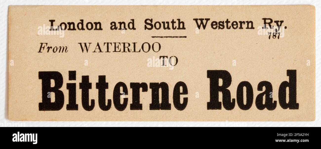 Vintage Midland & South Western Railway Train Label - Von London Waterloo bis Bitterne Road Stockfoto