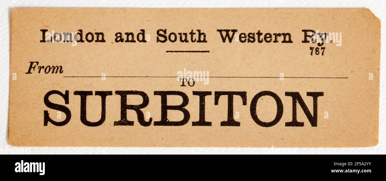 Vintage Midland & South Western Railway Train Label - Von London Waterloo nach Surbiton Stockfoto