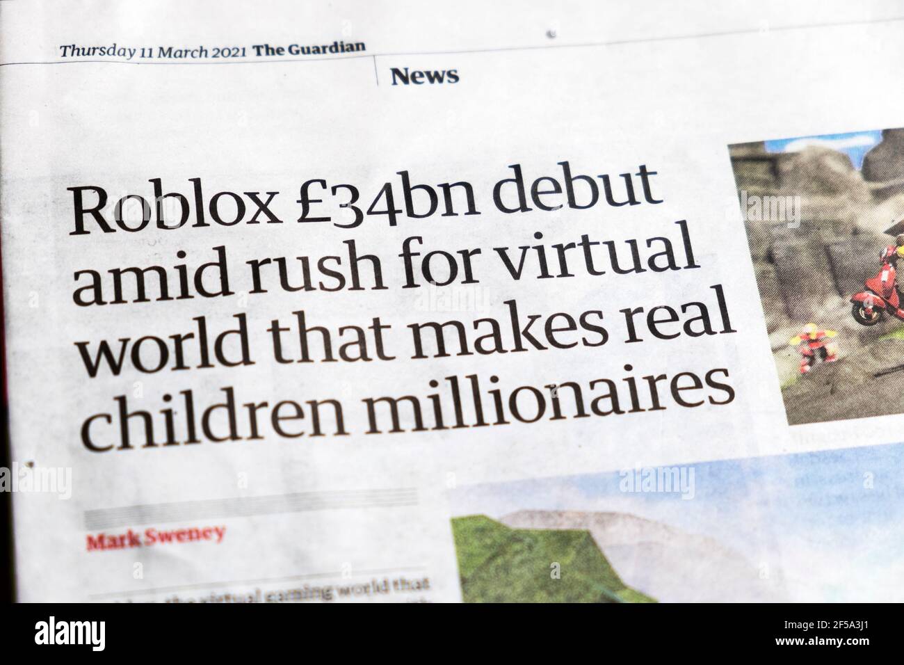 Roblox £34bn Debüt inmitten der Eile für die virtuelle Welt, die macht Real Kinder Millionäre Guardian Zeitung Schlagzeile online digitales Spiel 11 März 2021 Stockfoto