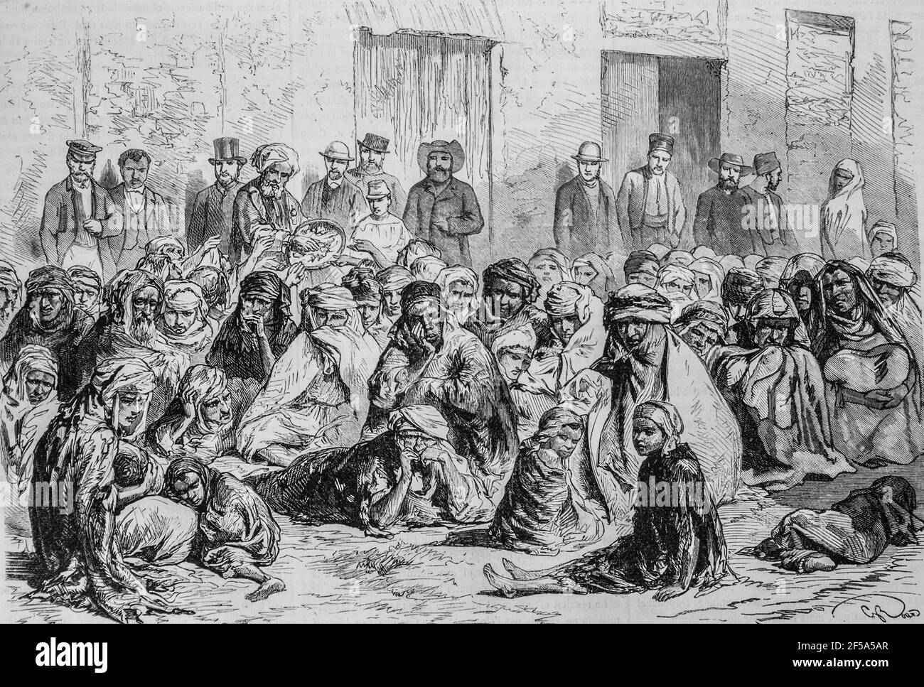 lles habitants de setif distribuant des vives aux femmes et AUX enfants arazbes ,'univers illustre,editeur michel Levy 1868 Stockfoto