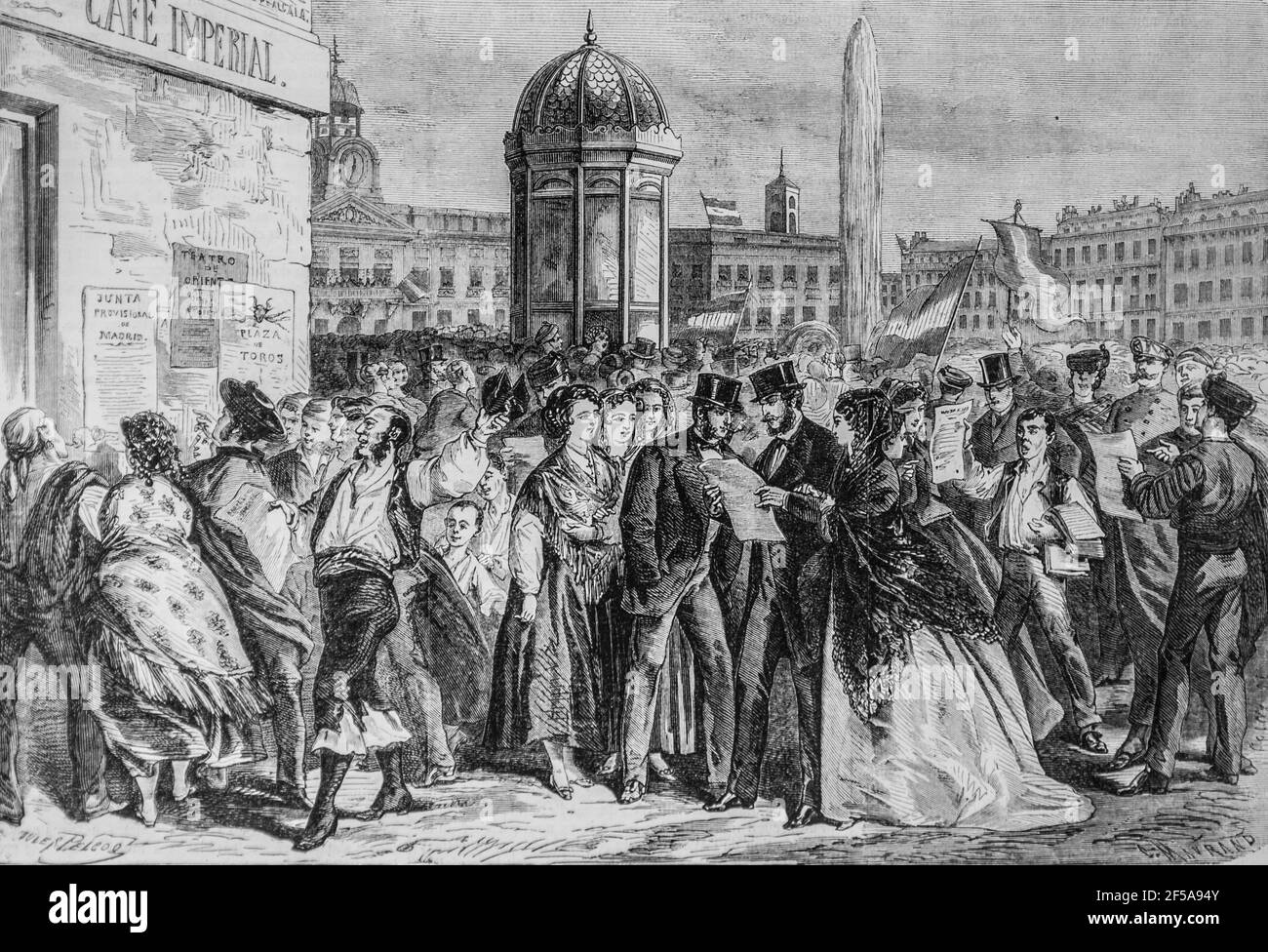 espagne Lecture du Manifest de la junge a madrid ,l'univers Illustre,Autor michel Levy 1868 Stockfoto